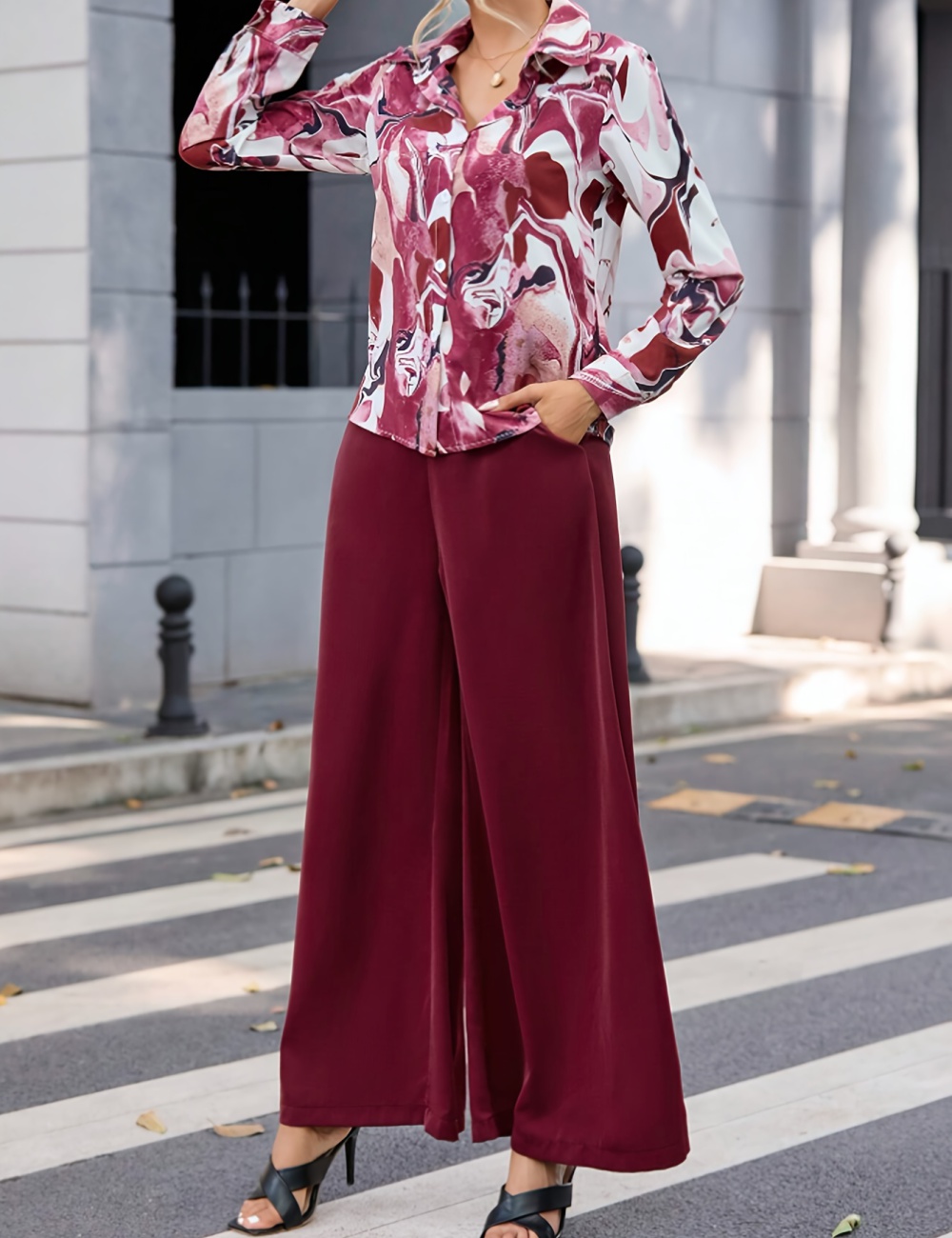 Temperament shirt high waist wide leg pants a set