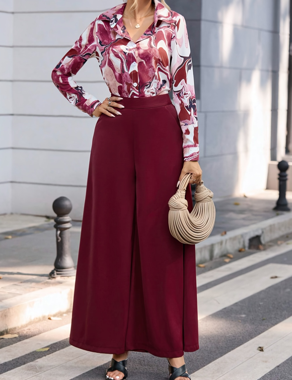 Temperament shirt high waist wide leg pants a set