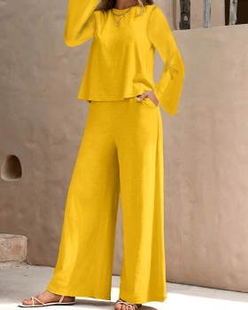 Pure high waist pocket long sleeve long pants a set