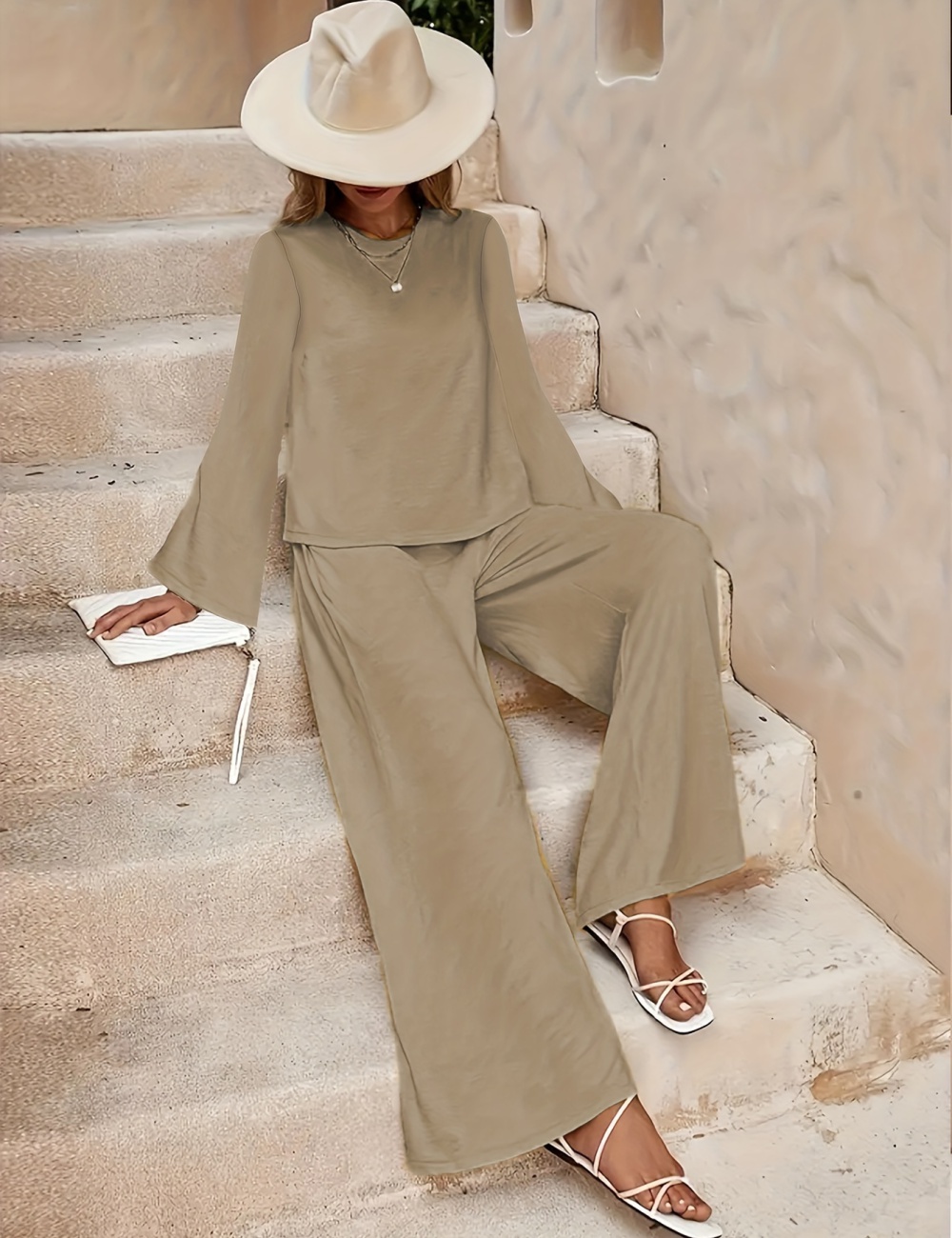 Pure high waist pocket long sleeve long pants a set