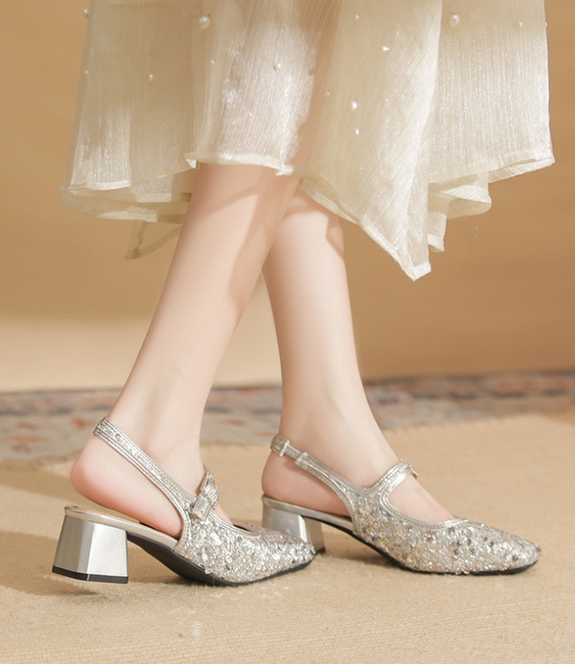 Temperament square head sandals silver thick high-heeled shoes