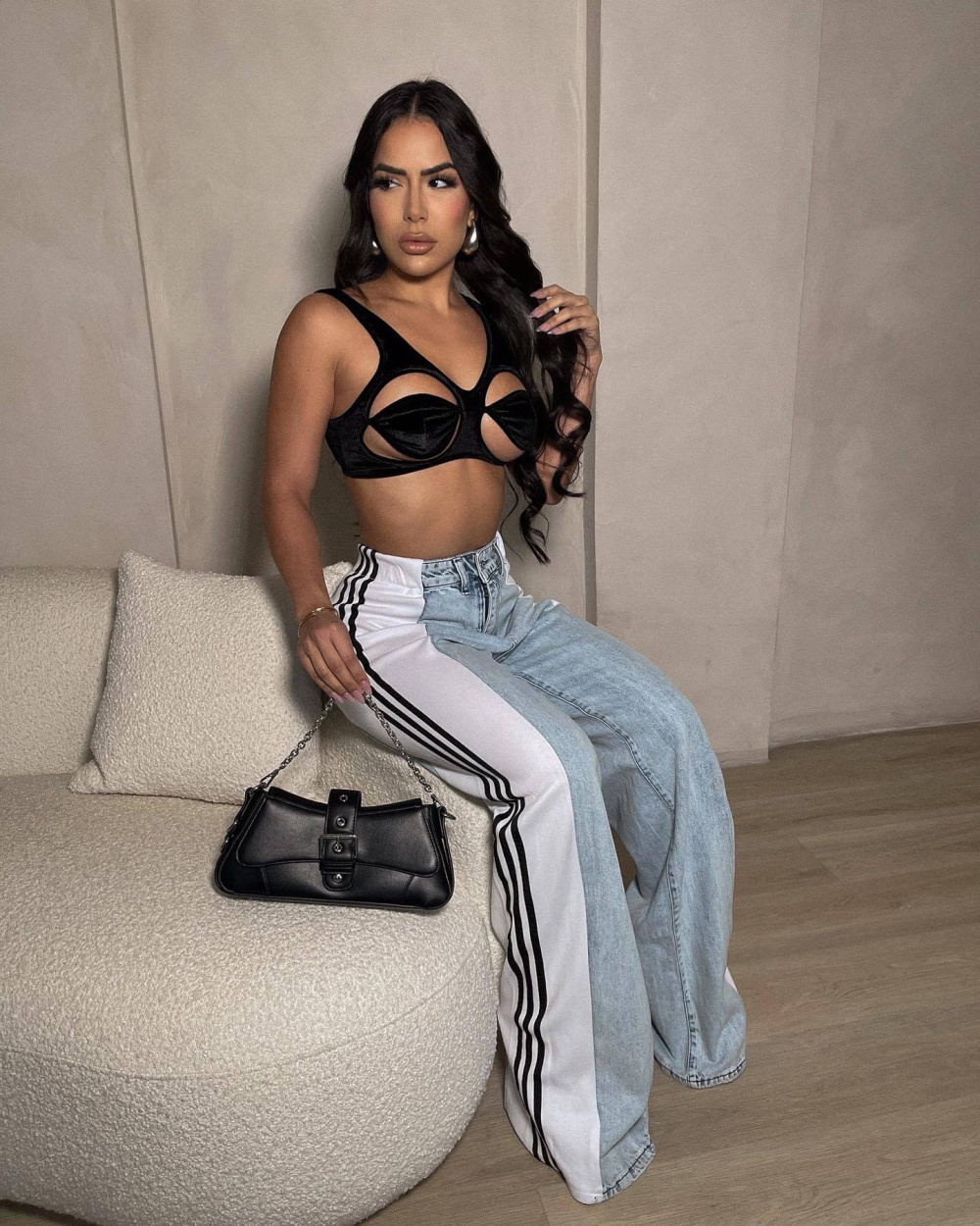 Elasticity stripe jeans wide leg long pants