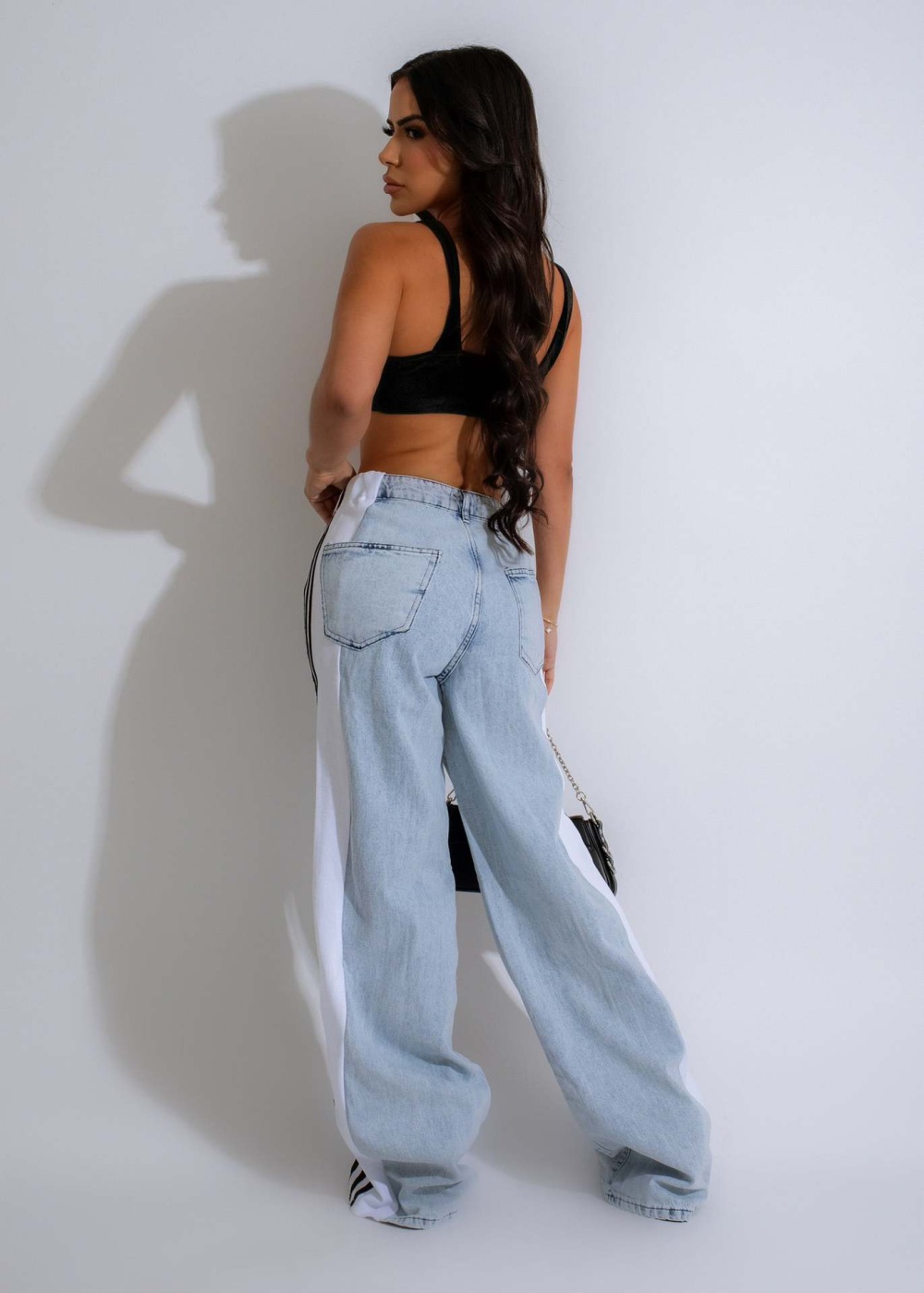 Elasticity stripe jeans wide leg long pants