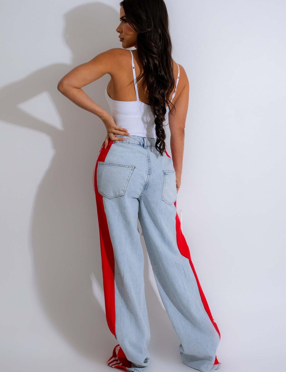 Elasticity stripe jeans wide leg long pants