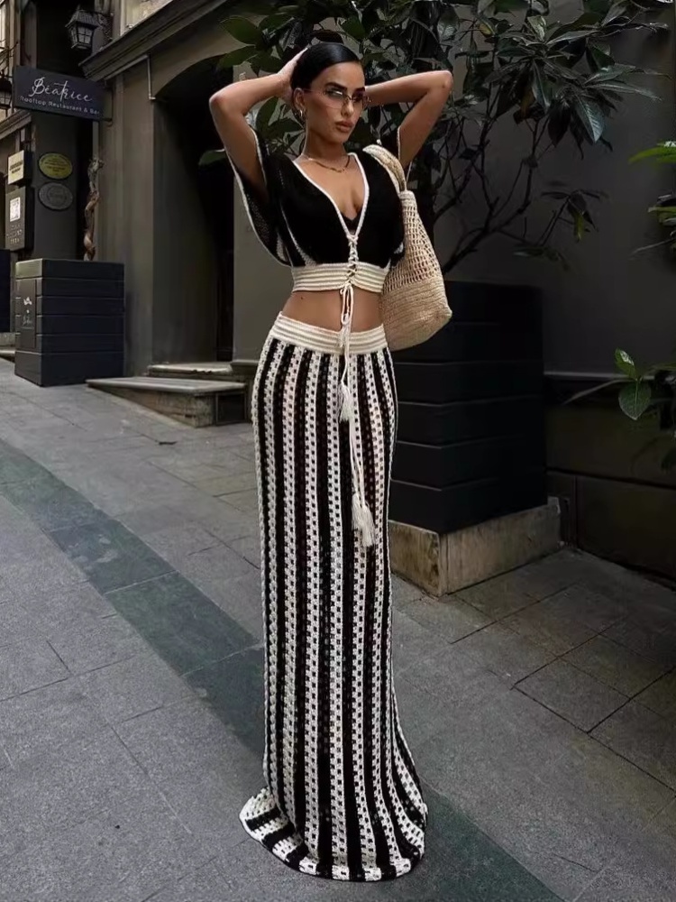 Stripe hollow sexy summer V-neck long skirt