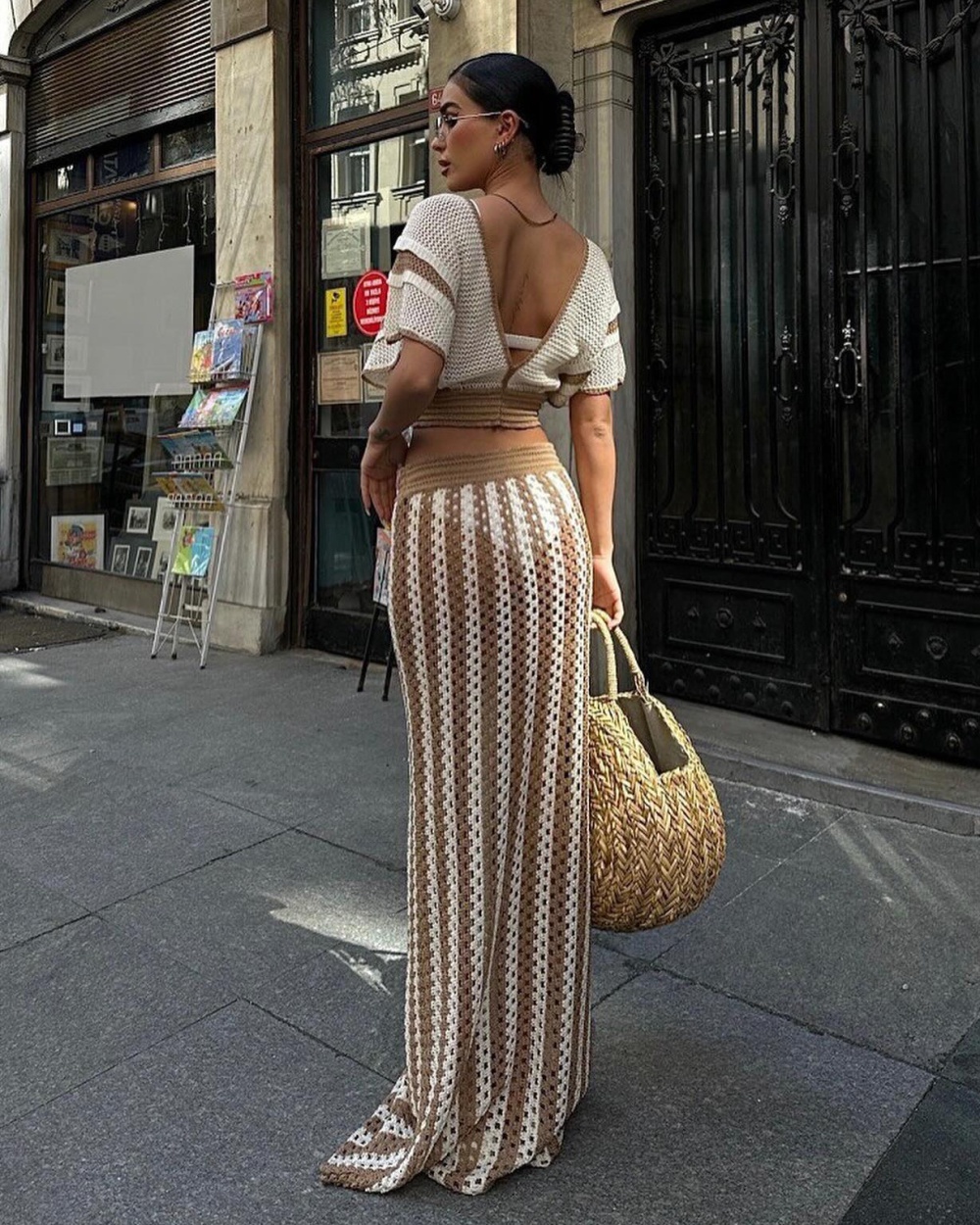 Stripe hollow sexy summer V-neck long skirt