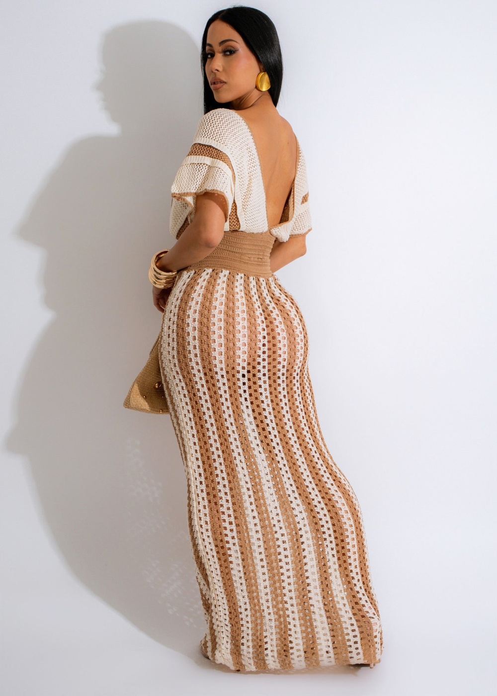 Stripe hollow sexy summer V-neck long skirt