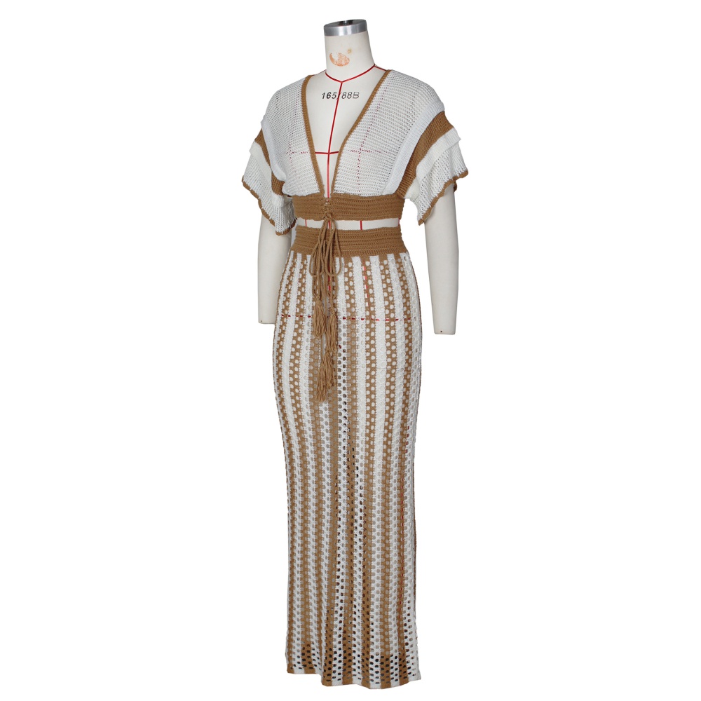 Stripe hollow sexy summer V-neck long skirt