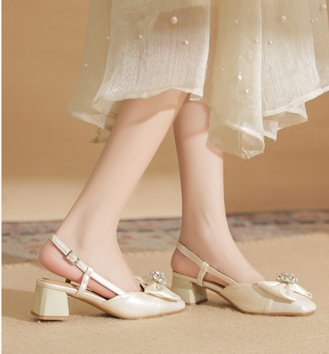 Bow thick temperament shoes rhinestone square head sandals