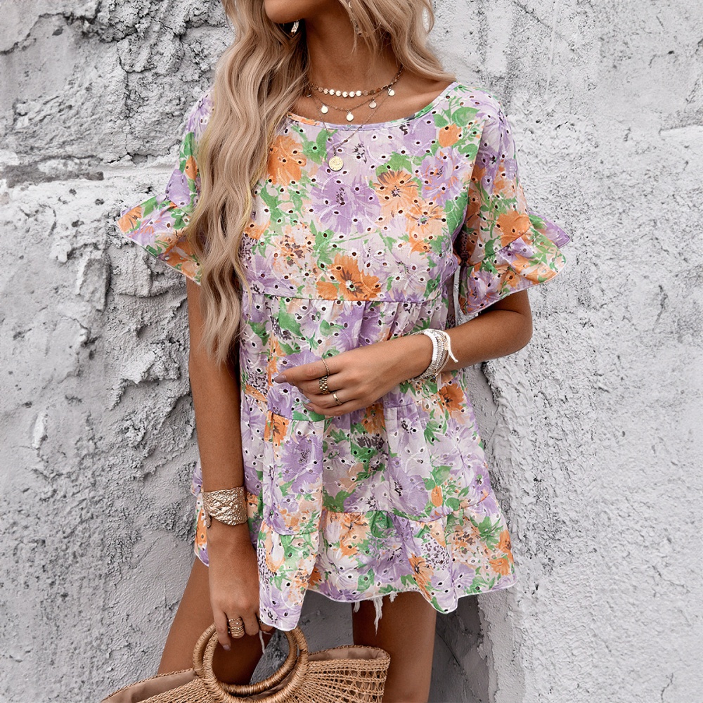 European style printing short sleeve dress for women