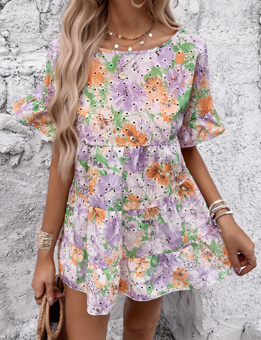 European style printing short sleeve dress for women