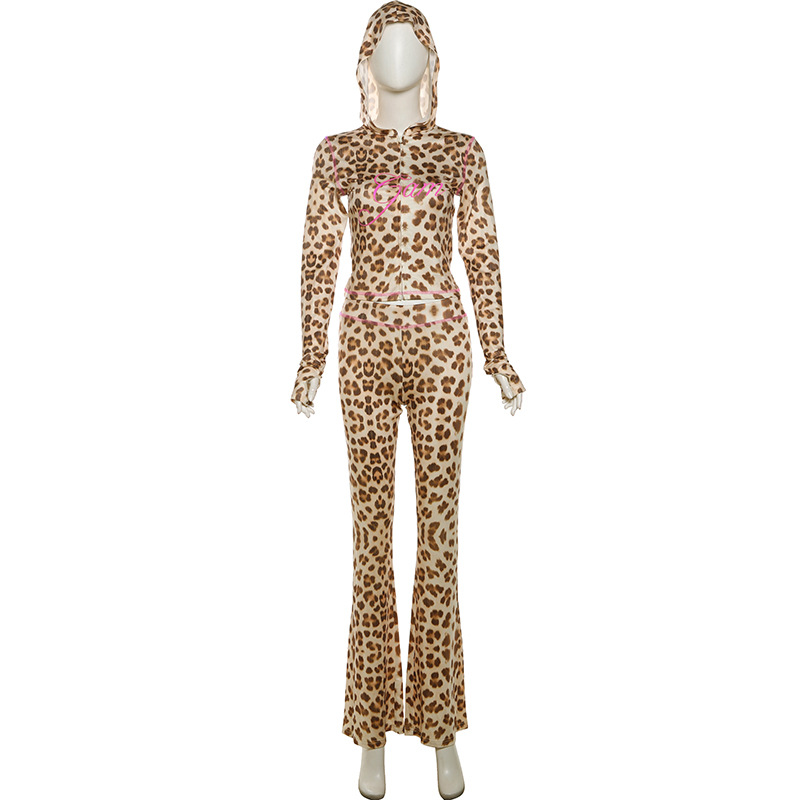 Printing leopard long pants hooded tops a set for women