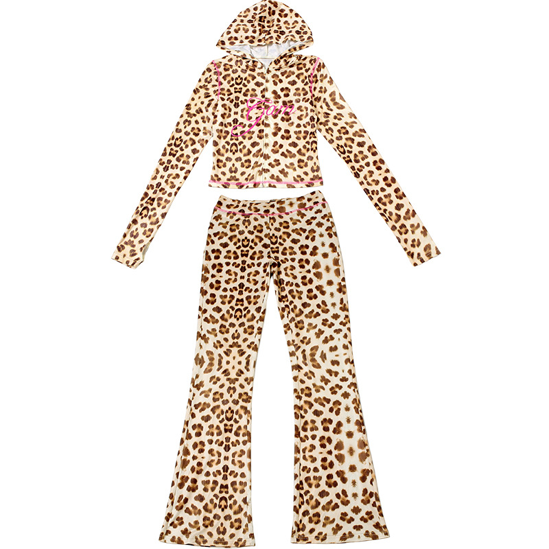 Printing leopard long pants hooded tops a set for women