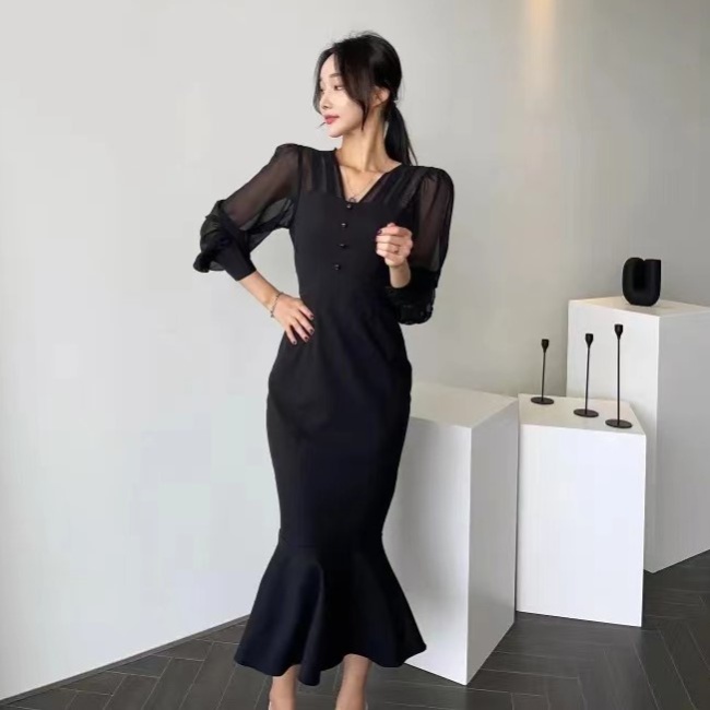 Mermaid gauze sleeve pinched waist perspective dress