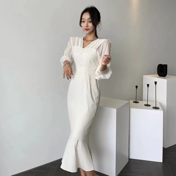 Mermaid gauze sleeve pinched waist perspective dress