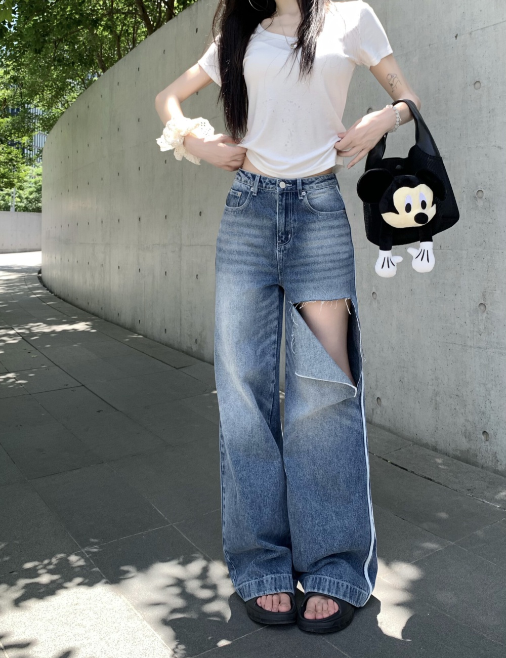 Big holes long pants mixed colors jeans for women