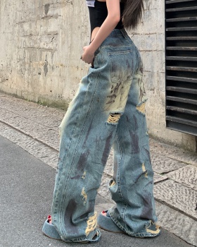 Retro loose wide leg pants graffiti holes jeans