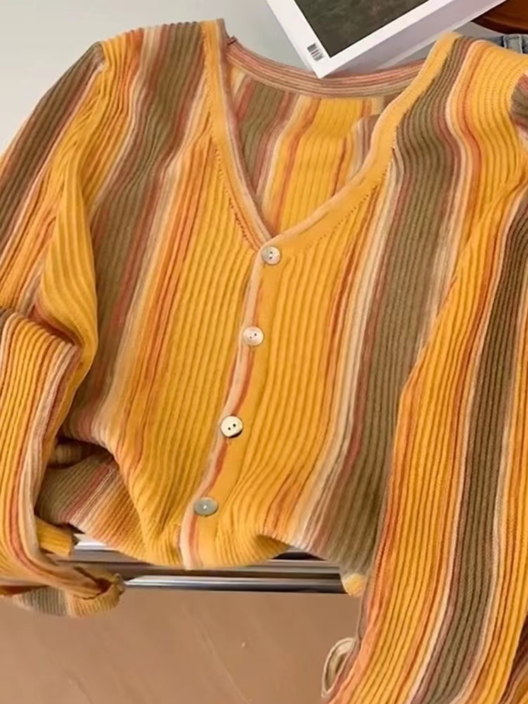 Simple France style stripe tops V-neck niche cardigan for women