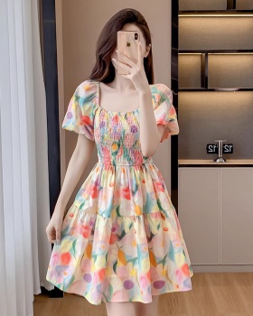 France style sweet floral pinched waist tender dress