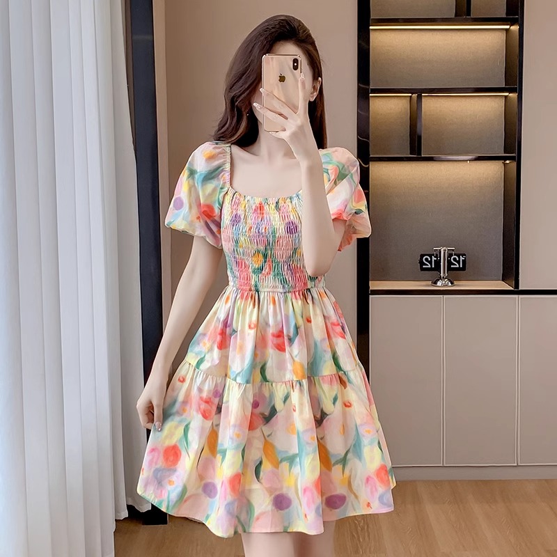 France style sweet floral pinched waist tender dress