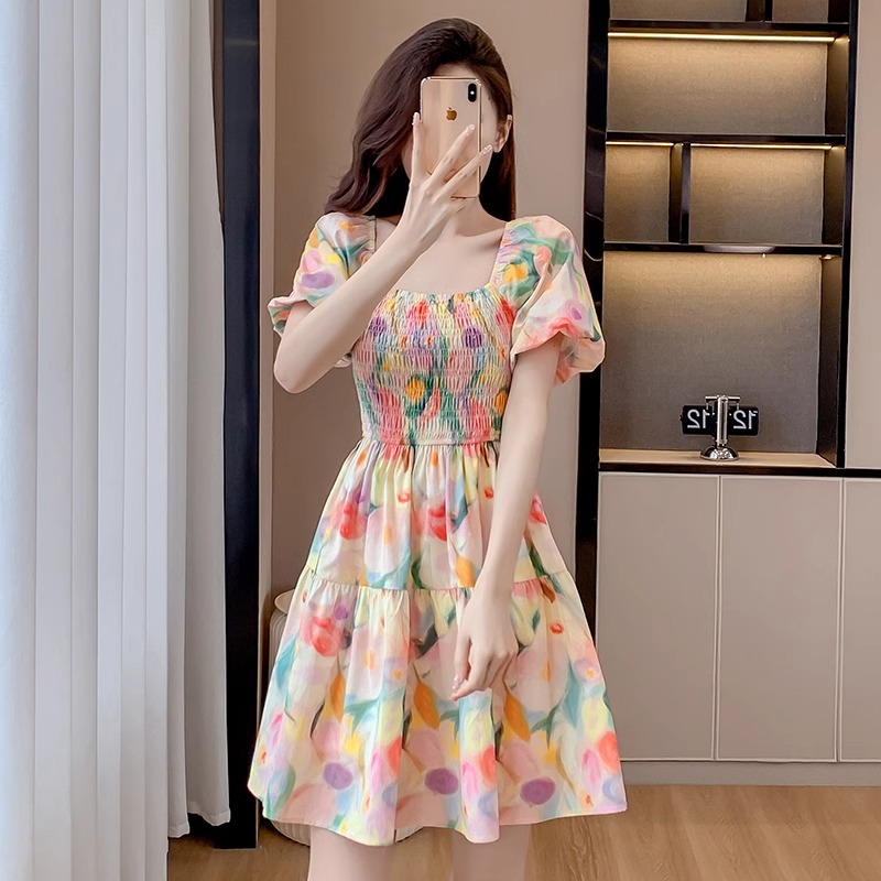 France style sweet floral pinched waist tender dress