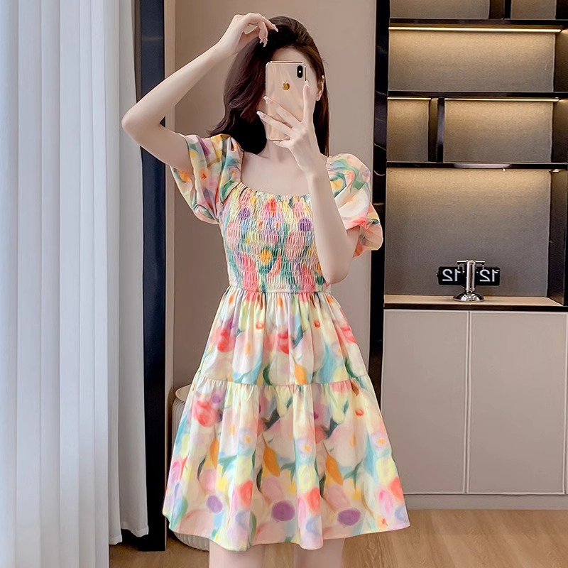 France style sweet floral pinched waist tender dress