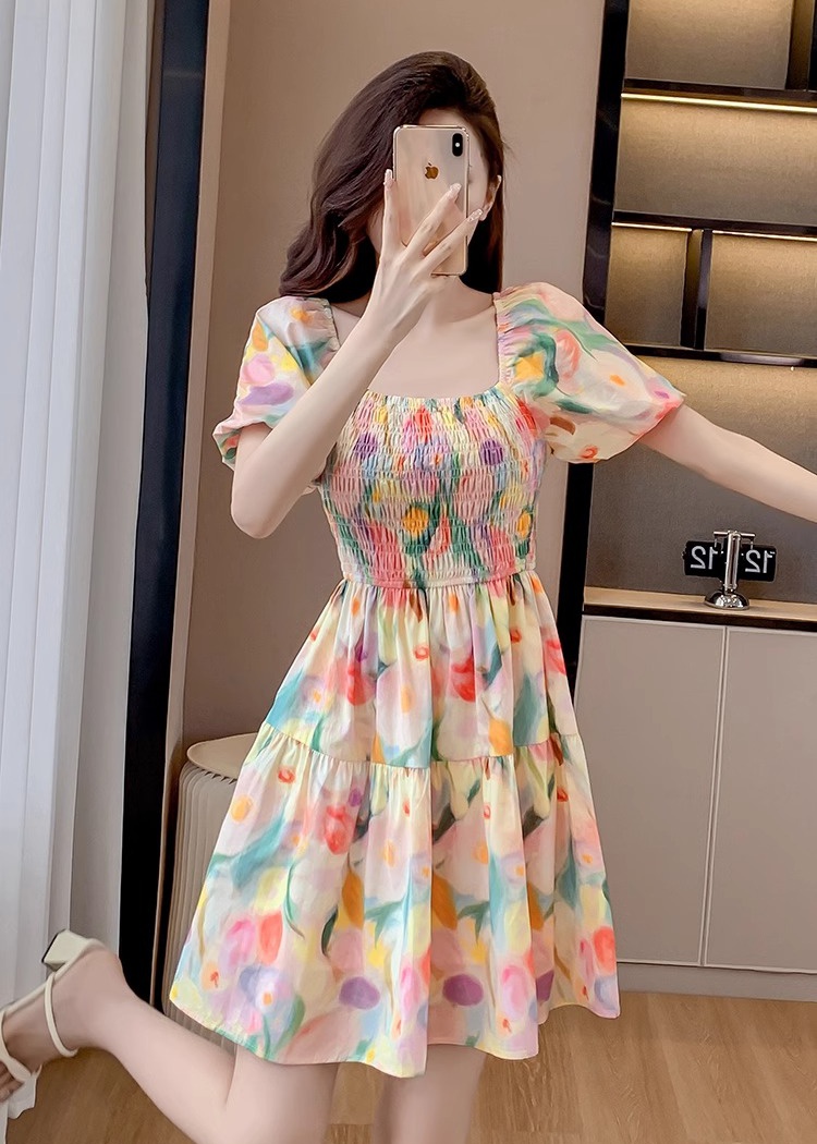 France style sweet floral pinched waist tender dress