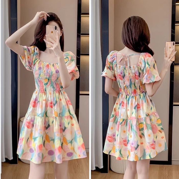 France style sweet floral pinched waist tender dress