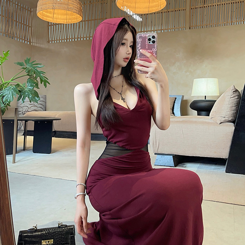 Halter pinched waist splice dress hooded gauze long dress