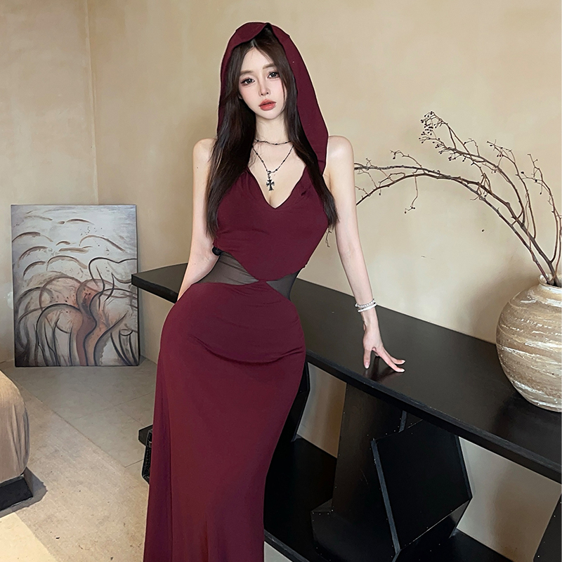 Halter pinched waist splice dress hooded gauze long dress