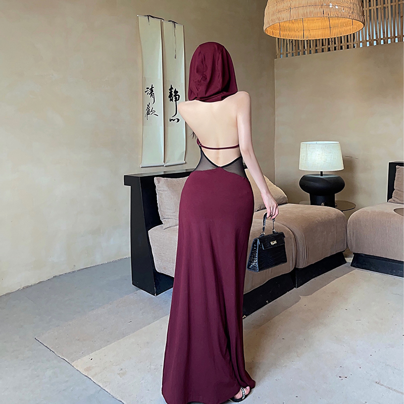 Halter pinched waist splice dress hooded gauze long dress