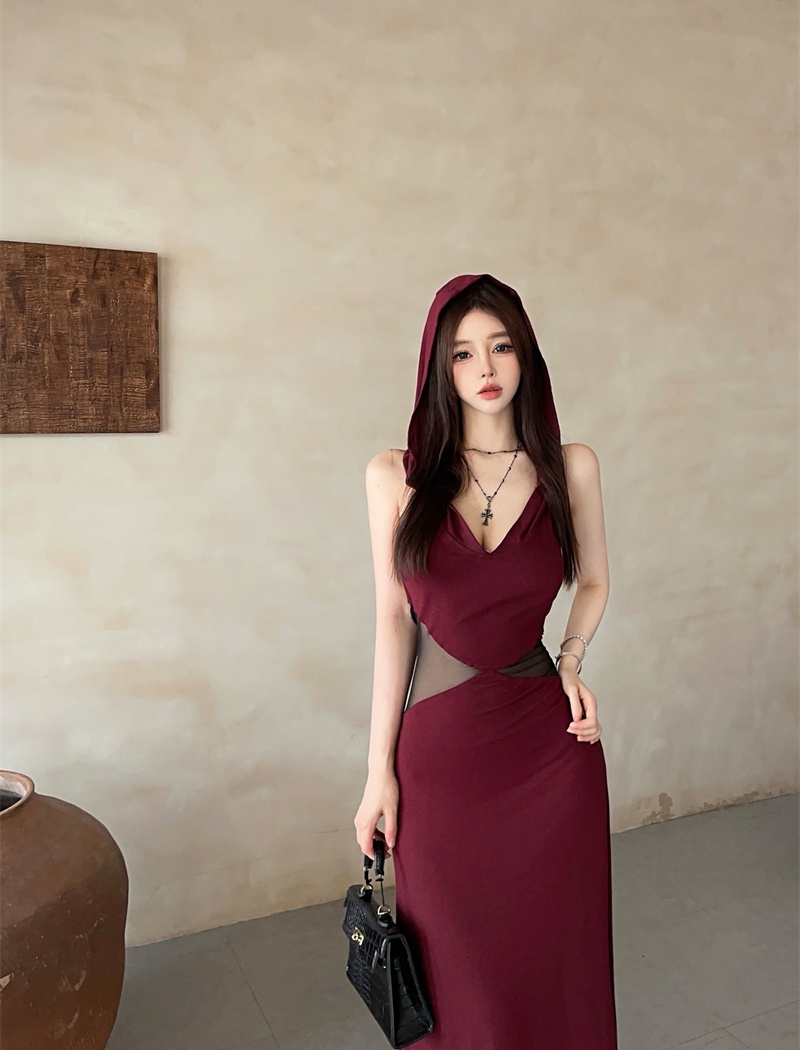 Halter pinched waist splice dress hooded gauze long dress