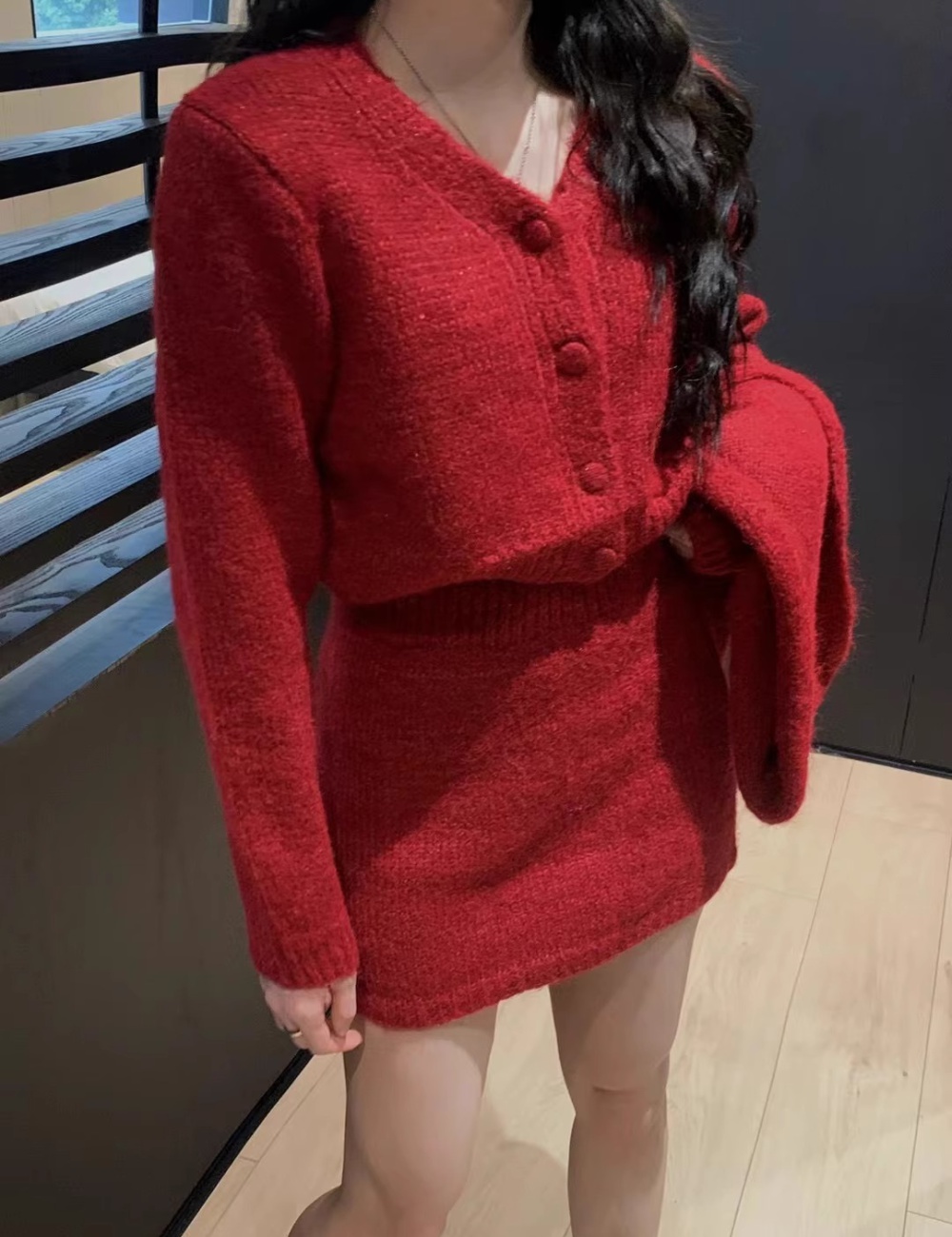 Liangsi short skirt red cardigan 3pcs set for women