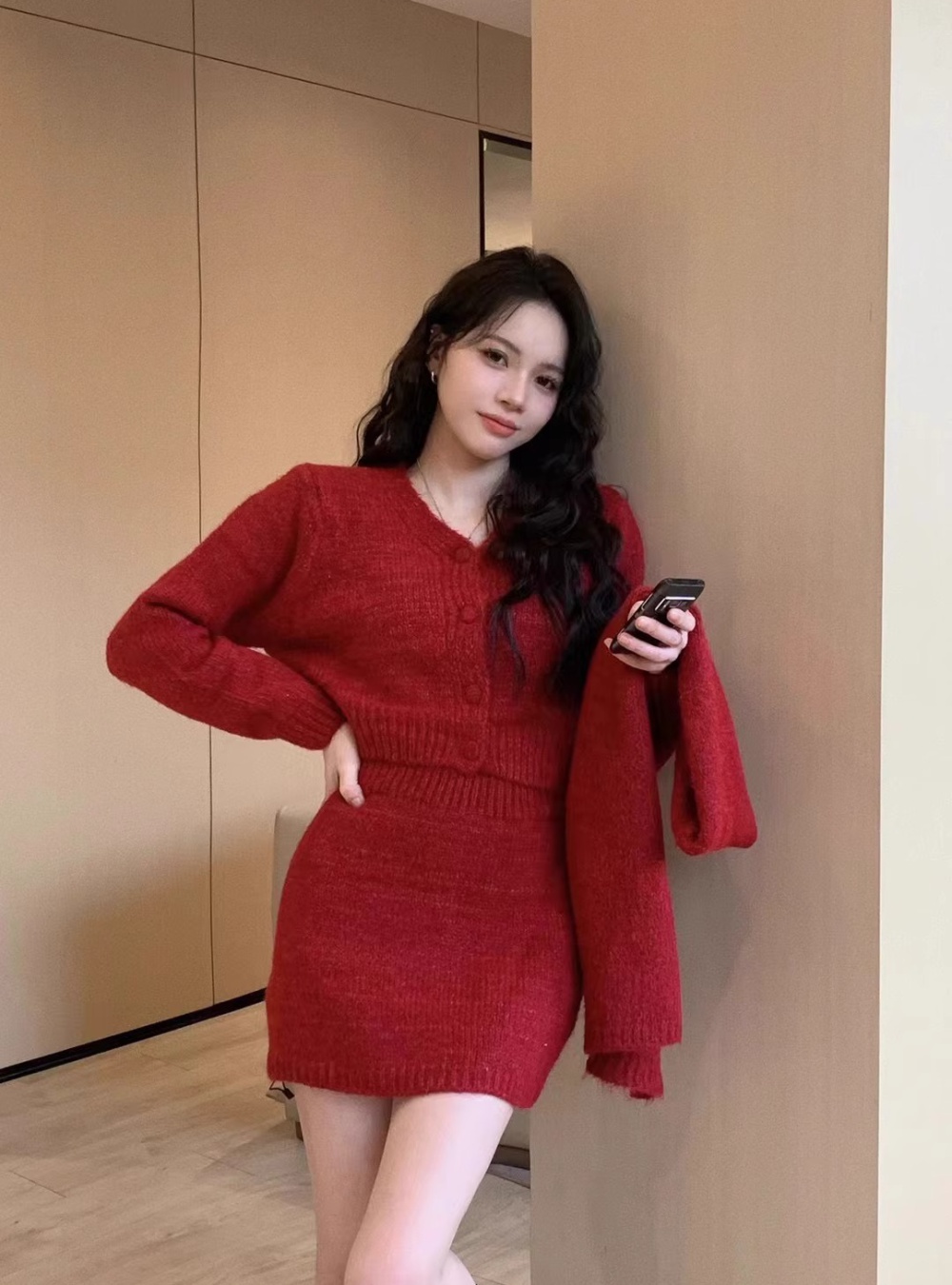 Liangsi short skirt red cardigan 3pcs set for women