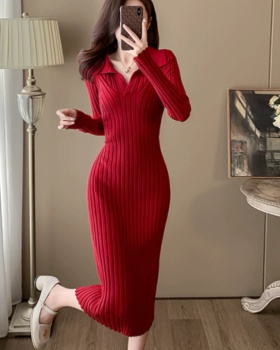 Long slim autumn and winter sweater chanelstyle knitted red dress