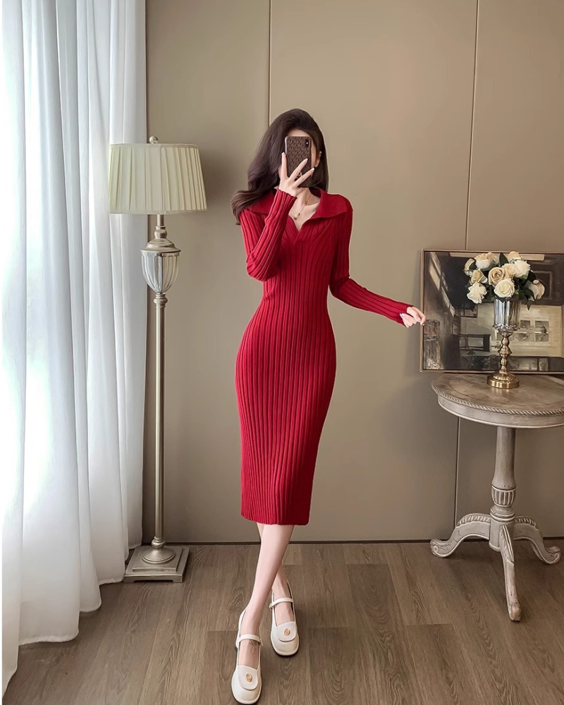 Long slim autumn and winter sweater chanelstyle knitted red dress