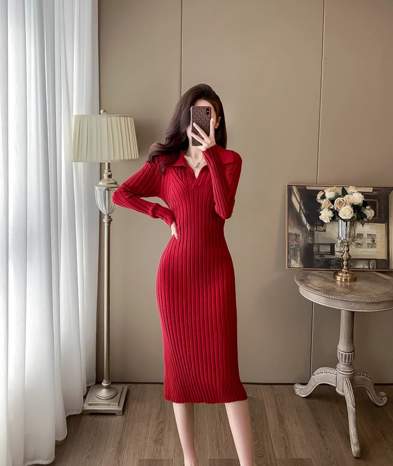 Long slim autumn and winter sweater chanelstyle knitted red dress