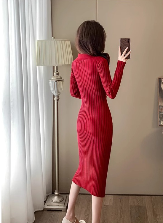 Long slim autumn and winter sweater chanelstyle knitted red dress