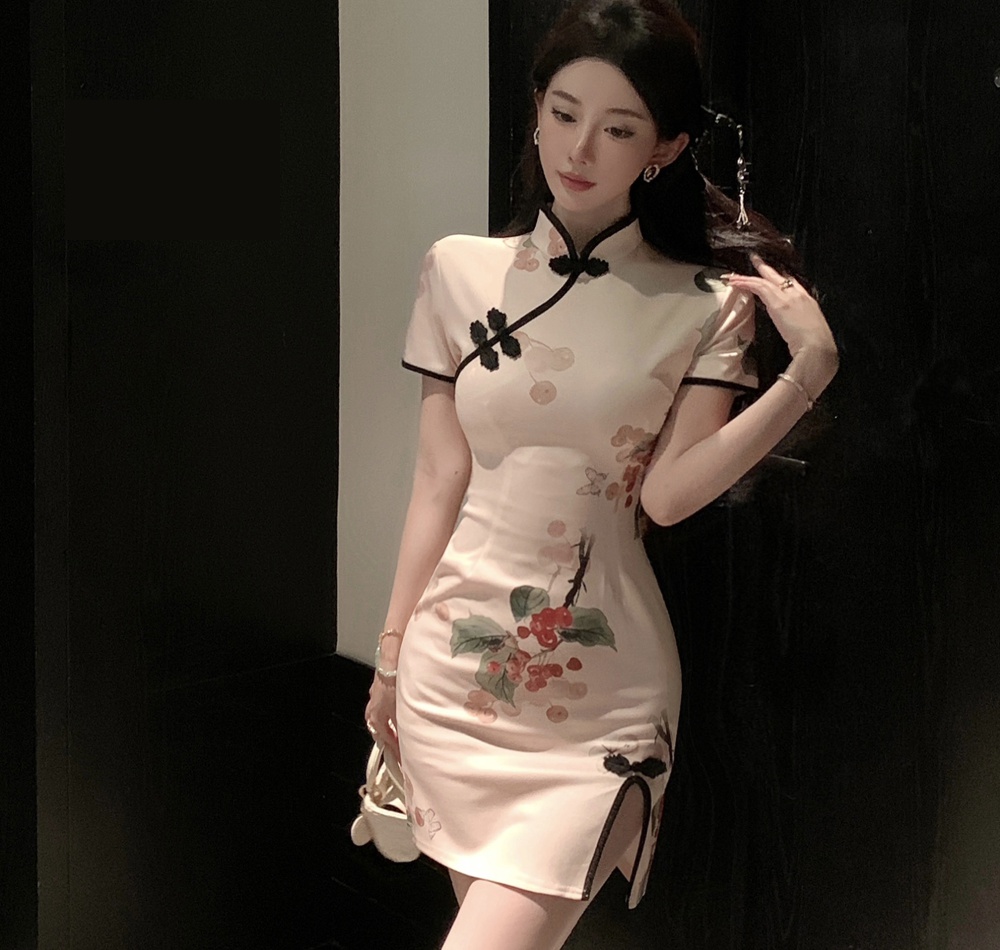 Light short summer slim cheongsam retro printing split dress