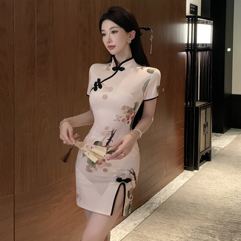 Light short summer slim cheongsam retro printing split dress