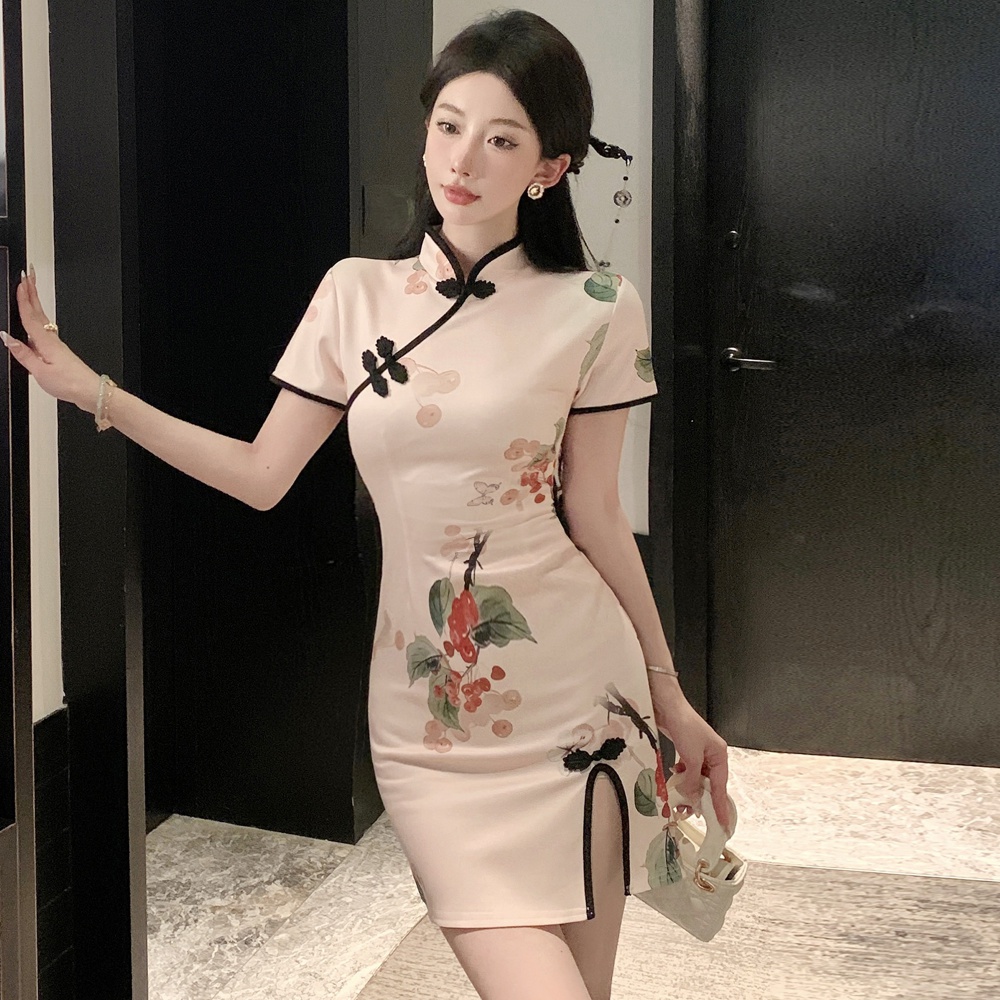 Light short summer slim cheongsam retro printing split dress