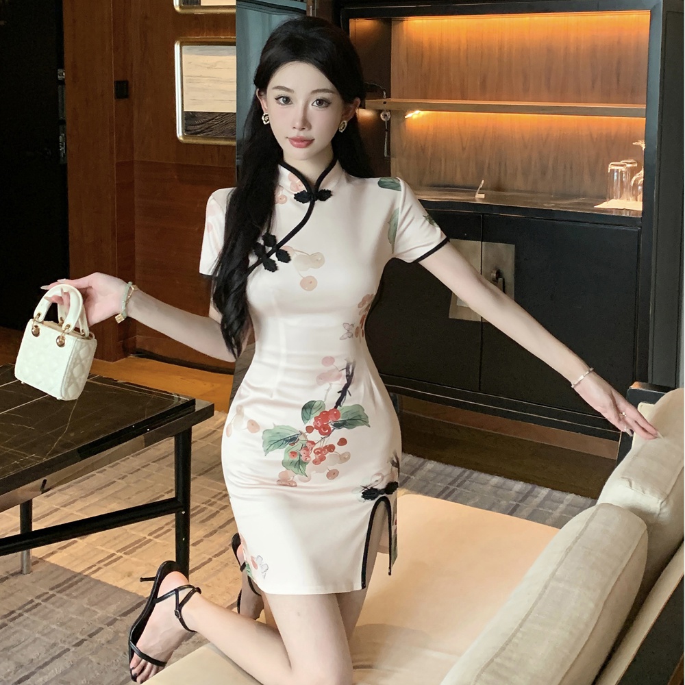 Light short summer slim cheongsam retro printing split dress