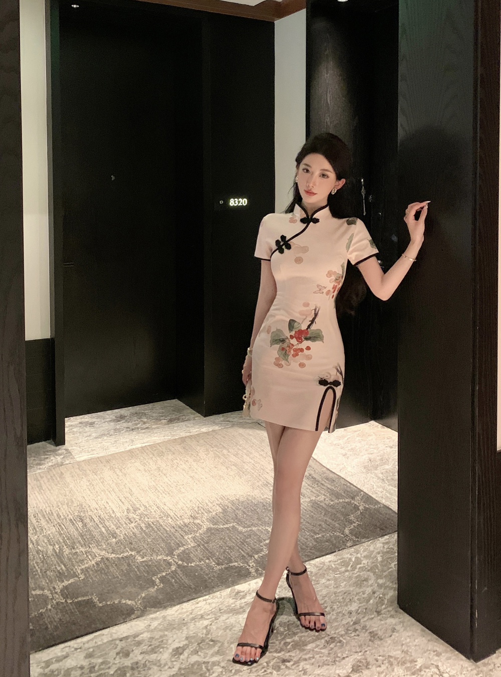 Light short summer slim cheongsam retro printing split dress