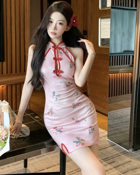 Pink retro short split dress hollow light maiden cheongsam
