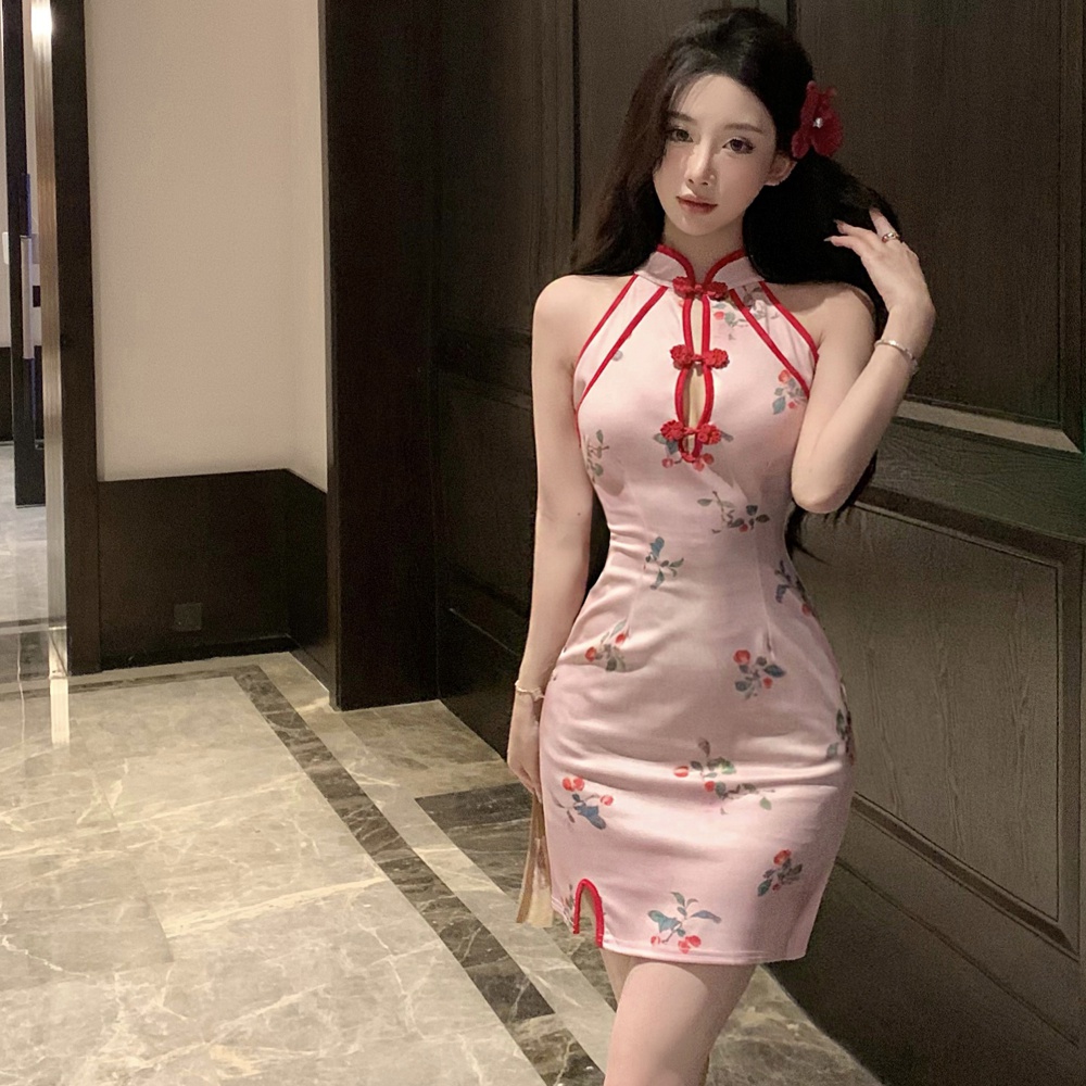 Pink retro short split dress hollow light maiden cheongsam