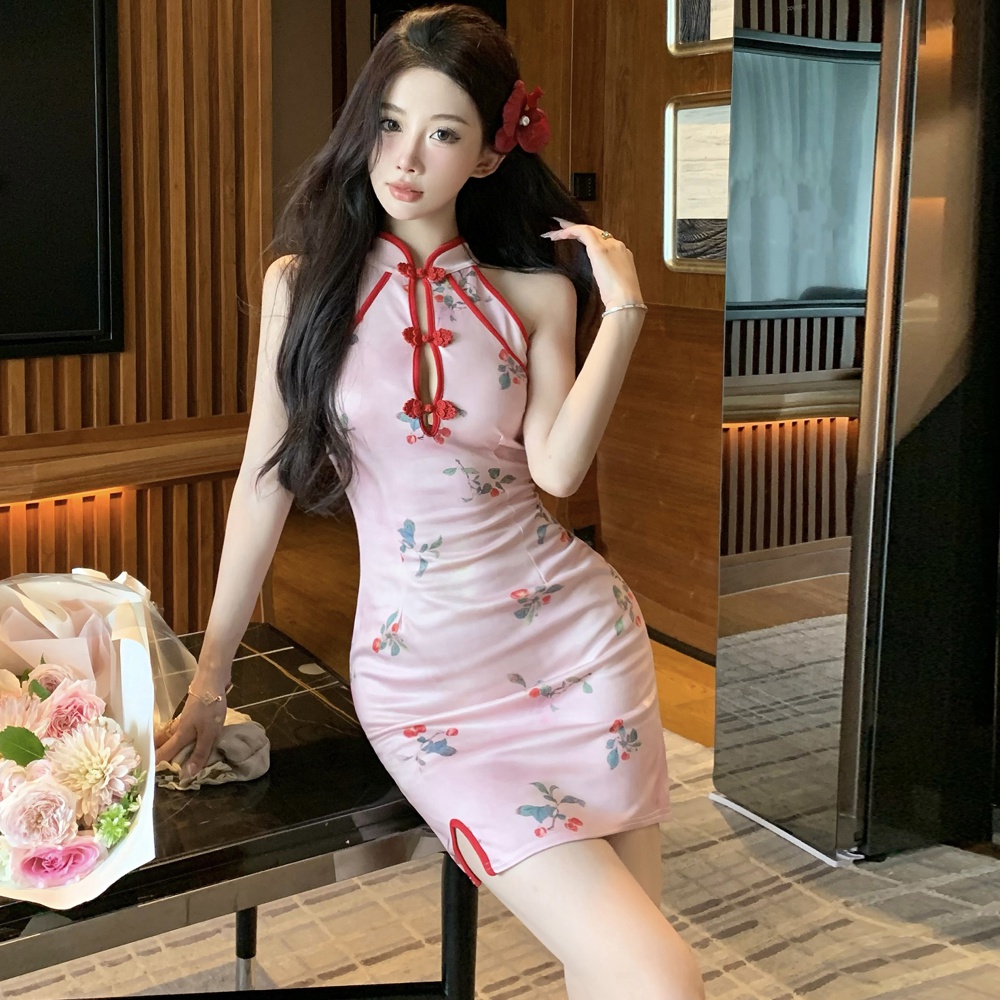 Pink retro short split dress hollow light maiden cheongsam