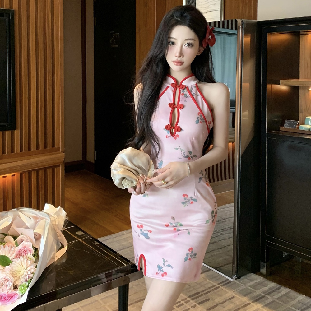 Pink retro short split dress hollow light maiden cheongsam