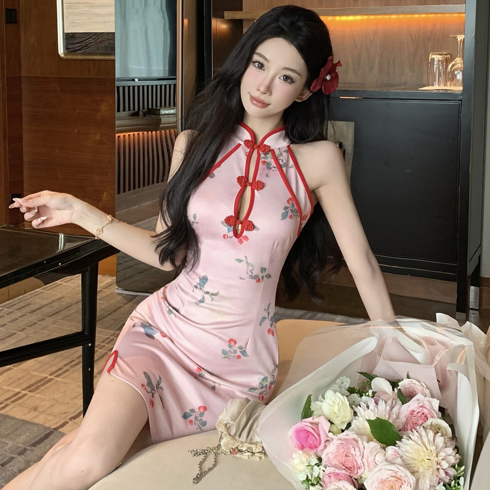 Pink retro short split dress hollow light maiden cheongsam