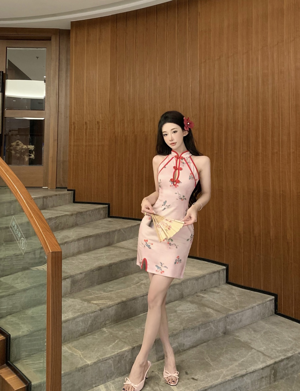 Pink retro short split dress hollow light maiden cheongsam