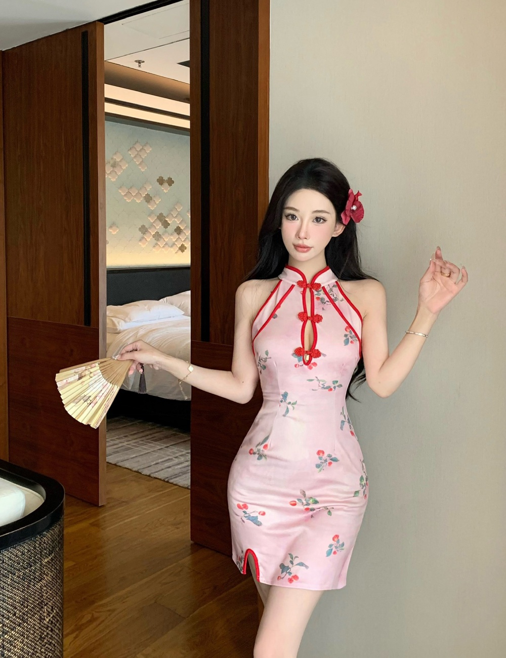 Pink retro short split dress hollow light maiden cheongsam